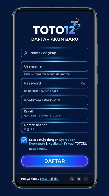 Tampilan halaman daftar toto12